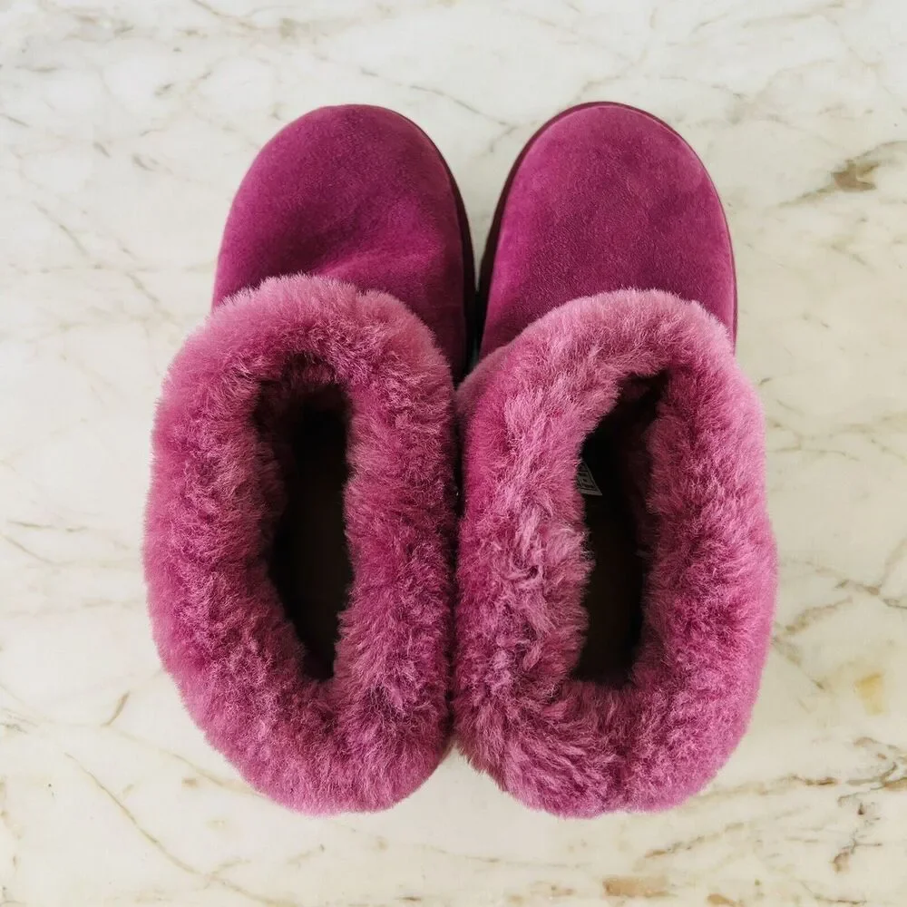 UGG AUSTRALIA Bougainvillea Suede Classic Mini Fluff Shearling Boots - US 7